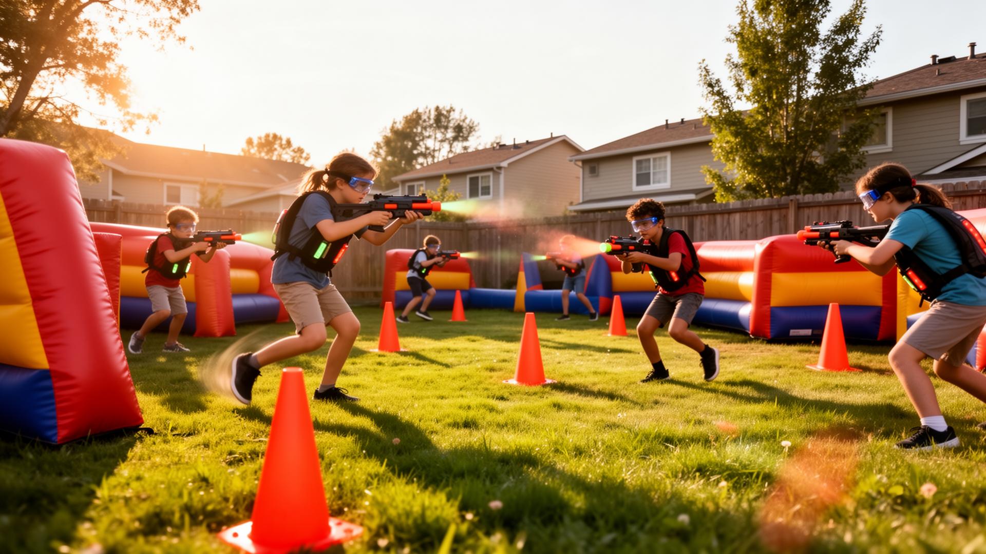 Kids playing a foam dart battle in a backyard arena